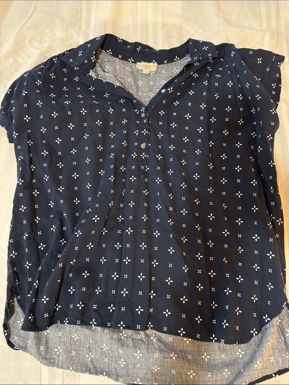 LOFT Navy Short Sleeve Tunic with White Floral Motif